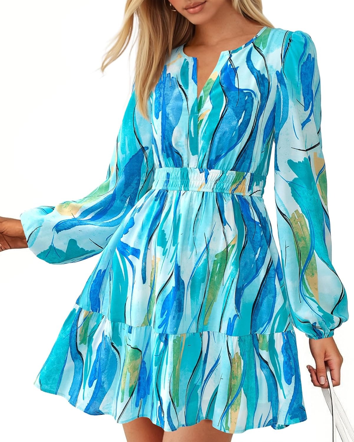 Women V Neck Long Sleeve Elastic Waist Boho Floral Mini Dress