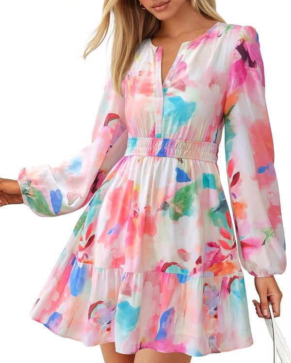 Women V Neck Long Sleeve Elastic Waist Boho Floral Mini Dress