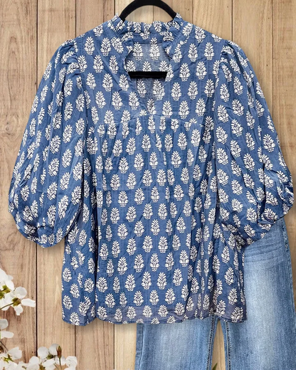 🔥Floral Print V Neck Puff Sleeve Relaxed Blouse