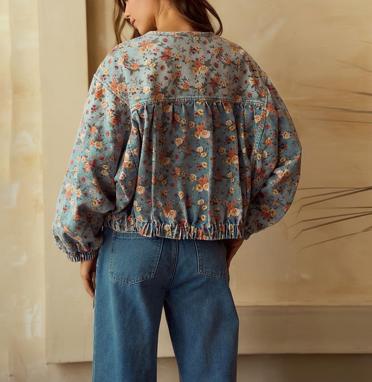 Women Oversized Lightweight Floral Denim Bomber Jacket Coat