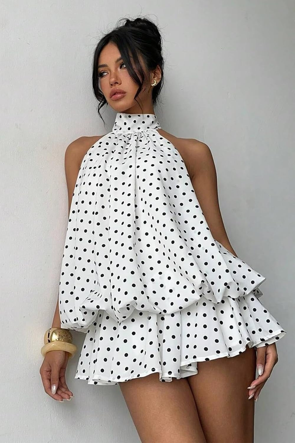 Women's Backless Halter Mini Dress With Chiffon Built In Shorts