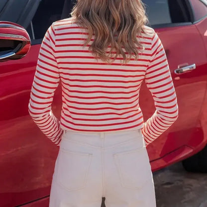 Scalloped Trim Crew Neck Striped Long Sleeve Top