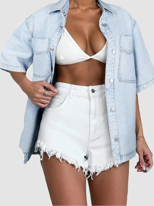Women Vintage Oversized Button Down Denim Shirt Jacket