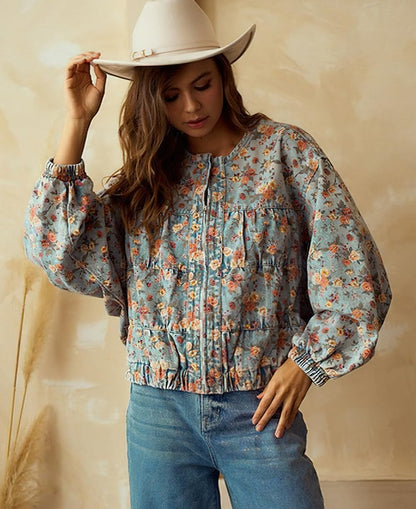 Women Oversized Lightweight Floral Denim Bomber Jacket Coat