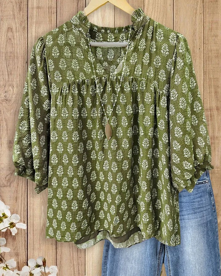 🔥Floral Print V Neck Puff Sleeve Relaxed Blouse
