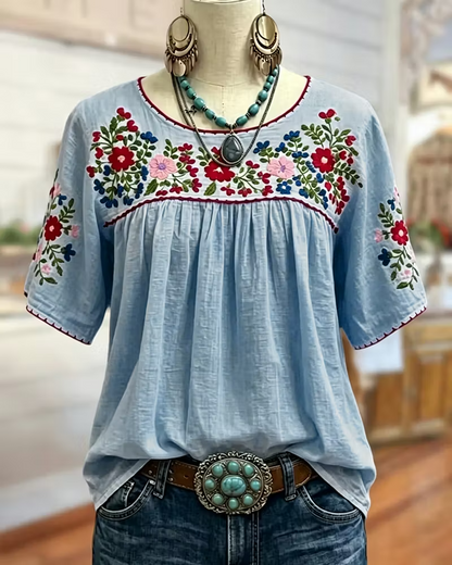 NEW 🔥Floral Embroidered Loose Gathered Scoop Neck Short Sleeve Blouse