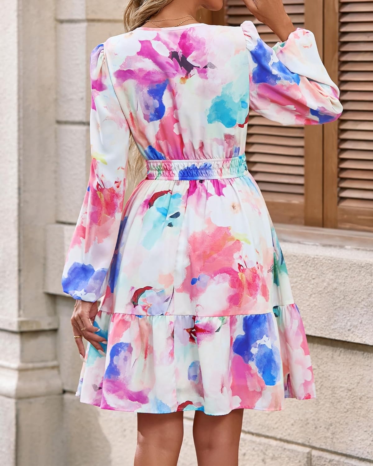 Women V Neck Long Sleeve Elastic Waist Boho Floral Mini Dress