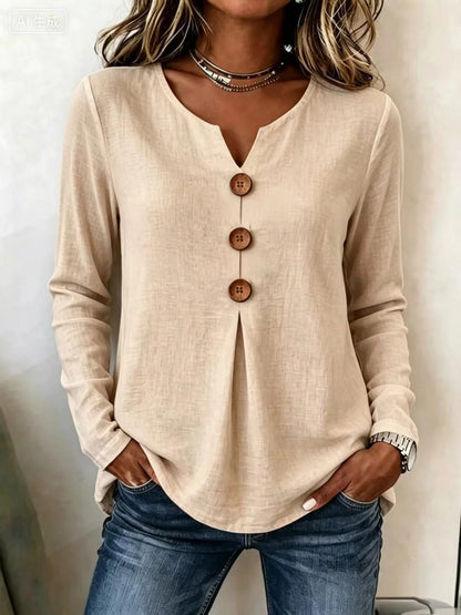 Retro Large Button V Neck Casual Long Sleeve Shirt