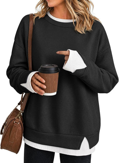 Hot Sale🔥 Women's Fake Two Piece Layered Sweatshirt Patchwork Oversized Pullover Top
