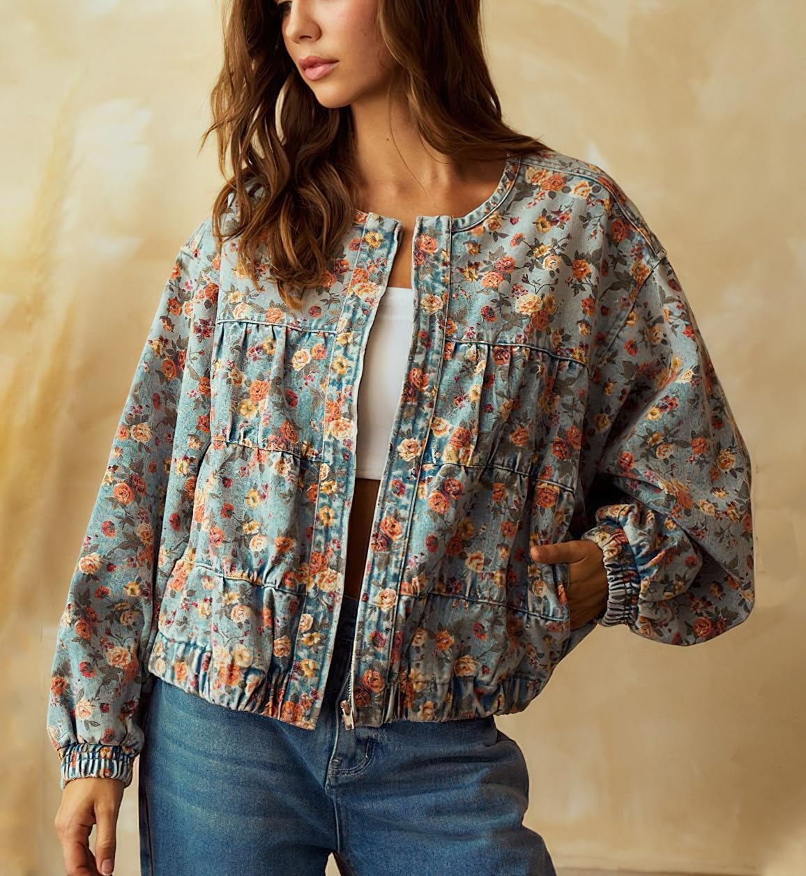 Women Oversized Lightweight Floral Denim Bomber Jacket Coat