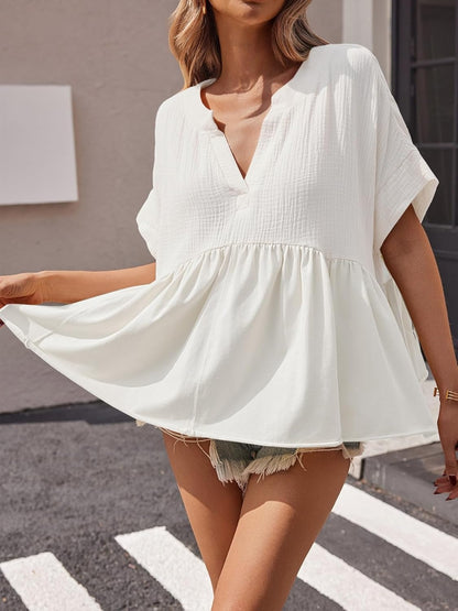 Womens V Neck Short Sleeve Pleated Flowy Shirts Peplum Blouse