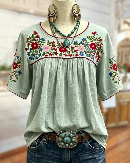 NEW 🔥Floral Embroidered Loose Gathered Scoop Neck Short Sleeve Blouse