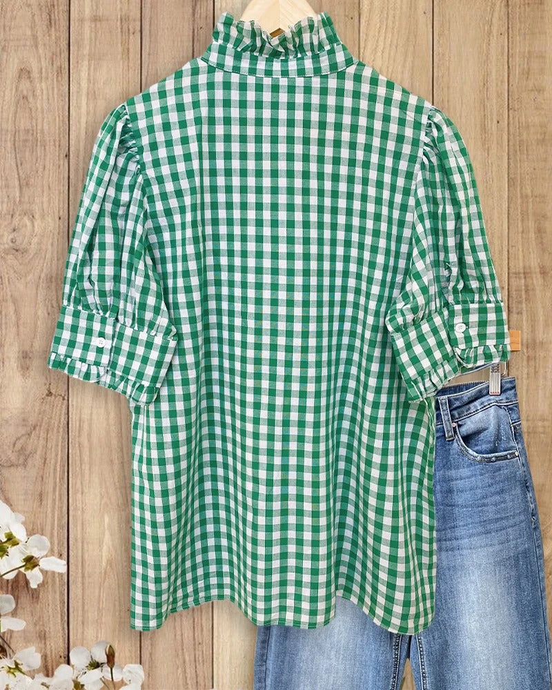 🔥Women's Plaid Top Ruffles Trim Puff Sleeve Blouse