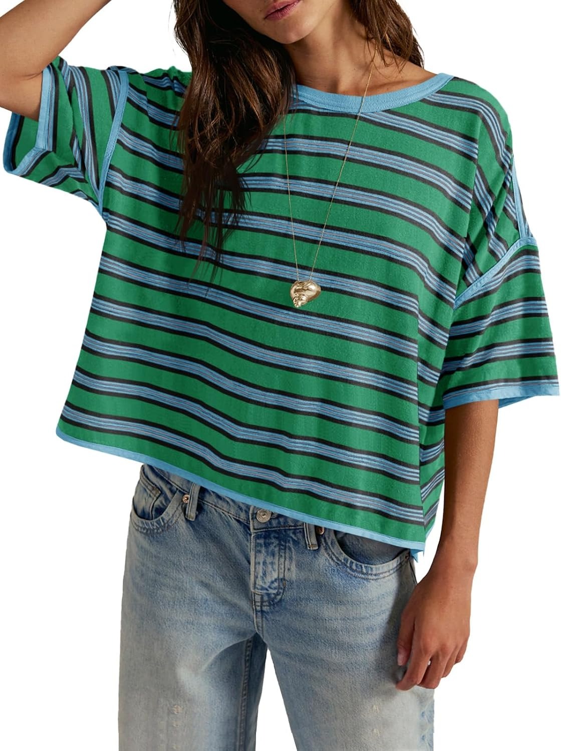 Womens Oversized Striped T-Shirts Color Block Short Sleeve Tops Drop Shoulder Tees