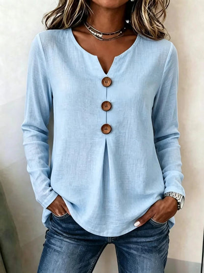 Retro Large Button V Neck Casual Long Sleeve Shirt