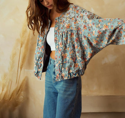 Women Oversized Lightweight Floral Denim Bomber Jacket Coat