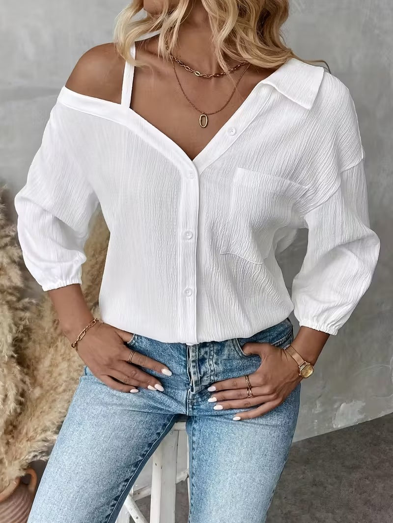 HOT SALE🔥Women's Asymmetric Collar Drop Shoulder Loose Casual Shirt