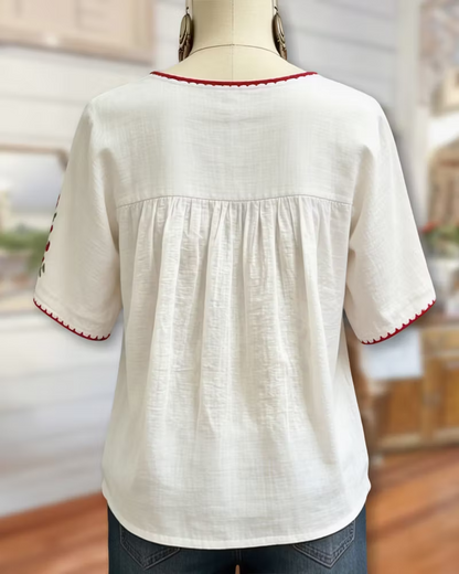 NEW 🔥Floral Embroidered Loose Gathered Scoop Neck Short Sleeve Blouse