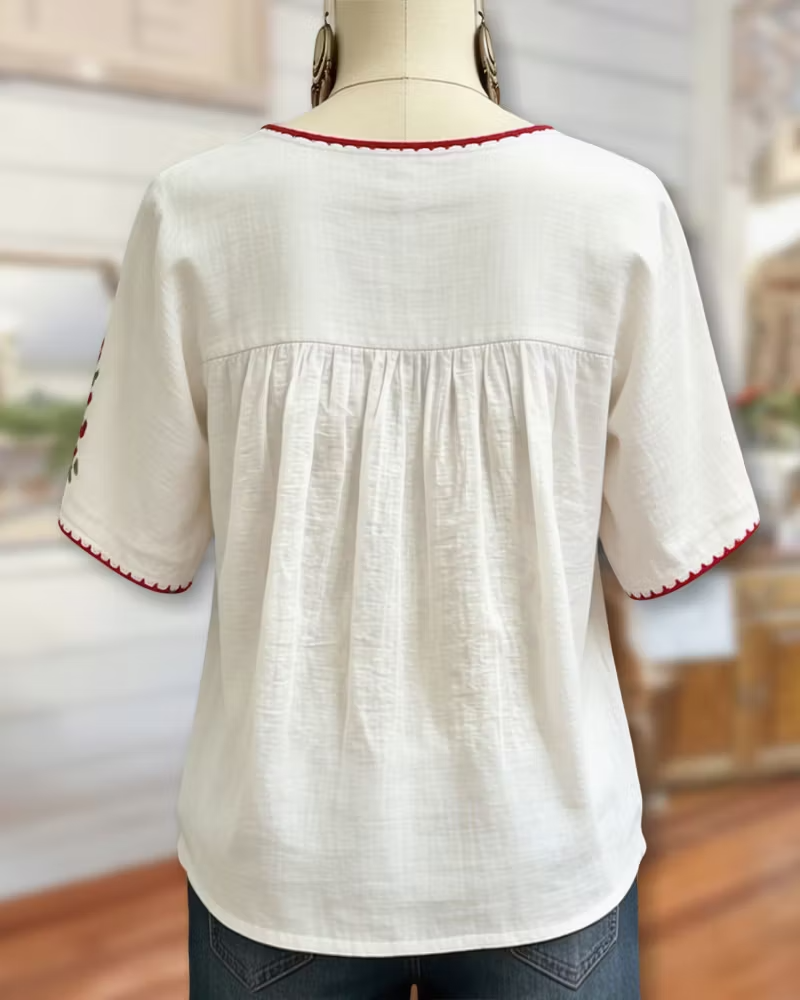 Floral Embroidered Loose Gathered Scoop Neck Short Sleeve Blouse