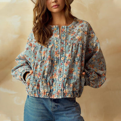Women Oversized Lightweight Floral Denim Bomber Jacket Coat