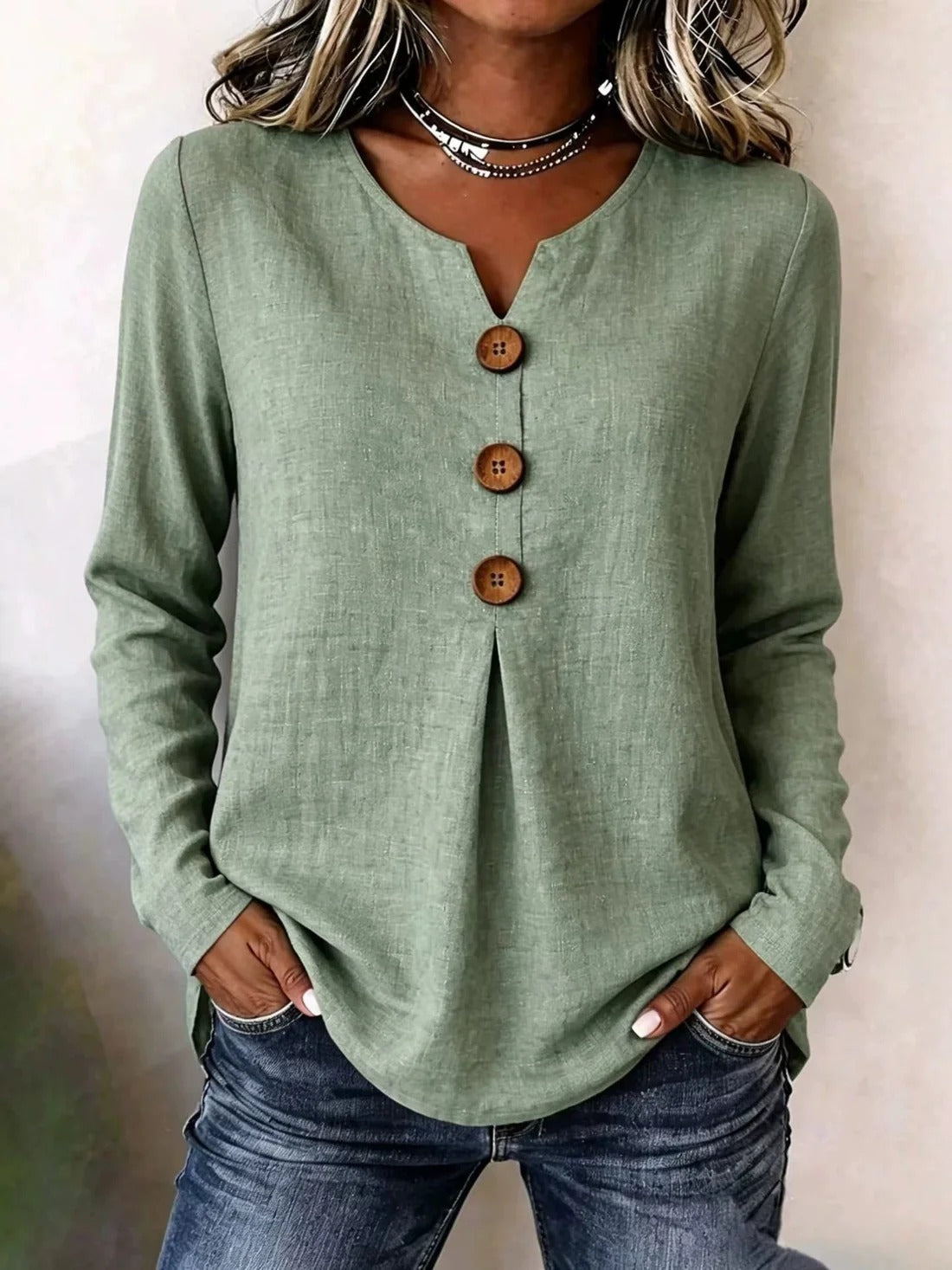 Retro Large Button V Neck Casual Long Sleeve Shirt