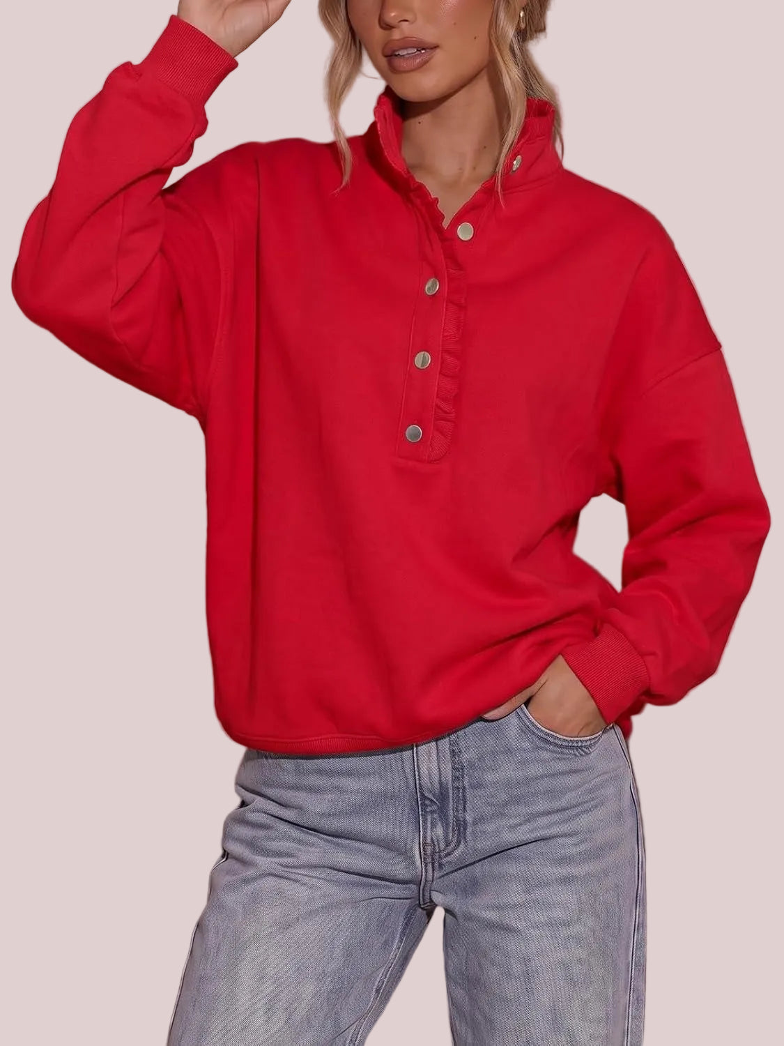 Women's Ruffle Collar Henley Oversized Sweatshirt