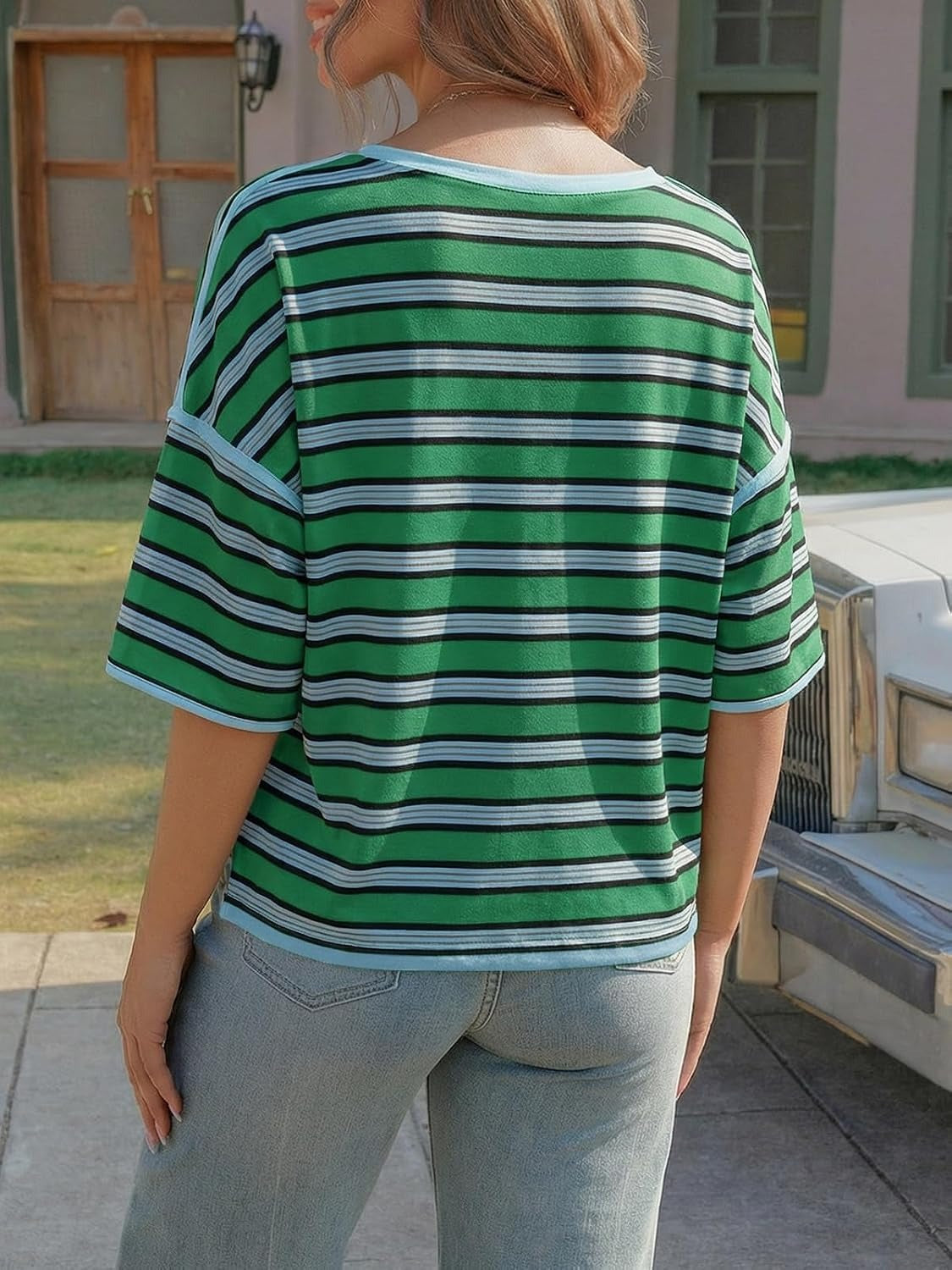 Womens Oversized Striped T-Shirts Color Block Short Sleeve Tops Drop Shoulder Tees