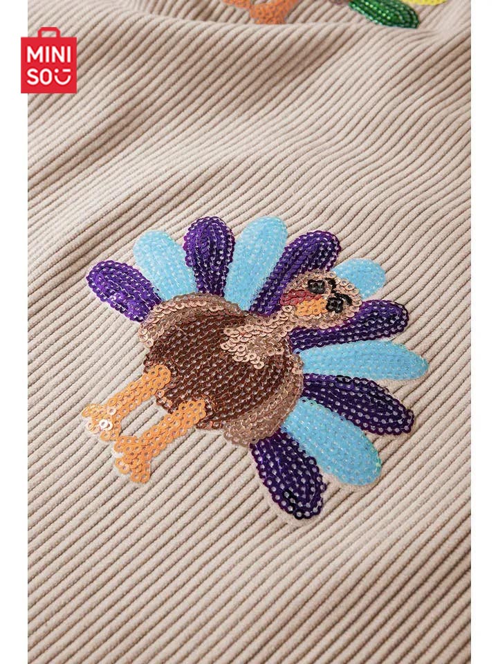 Women's Sequin Turkey Patch Thanksgiving Corduroy Sweatshirt (Buy 2 Free Shipping)