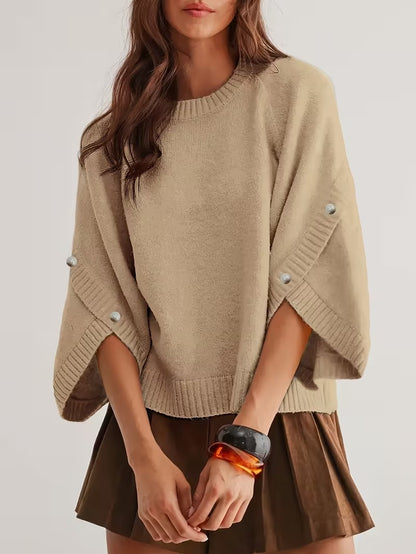Women's Button Decor Batwing Sleeve Knit Sweater Crew Neck Loose Pullover Top