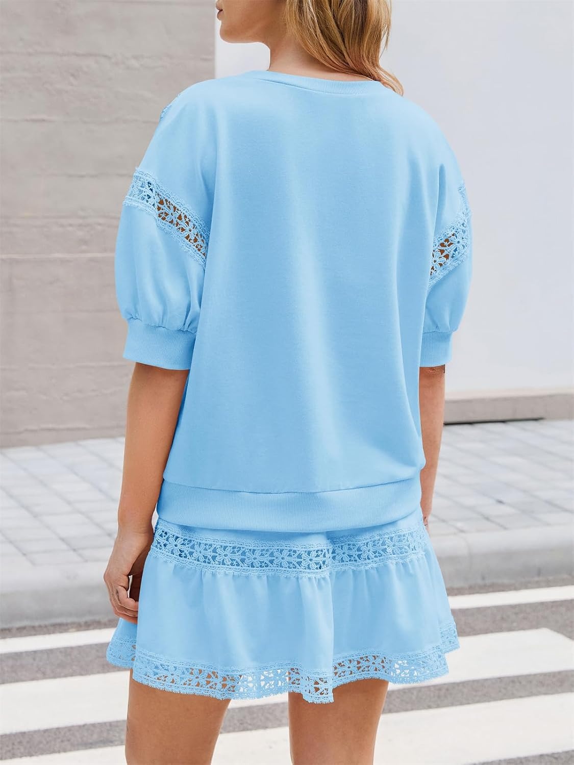 Women's 2-Piece  Lace Trim Set -  Puff Sleeve Top & Ruffled Shorts Set