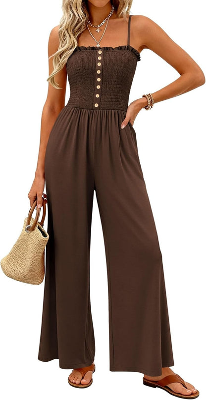 HOT SALE🔥Women's Smocked Spaghetti Strap Wide-Leg Jumpsuit with Pockets