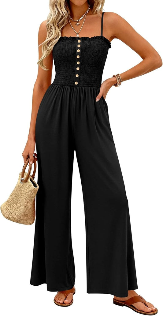 Women's Smocked Spaghetti Strap Wide-Leg Jumpsuit with Pockets