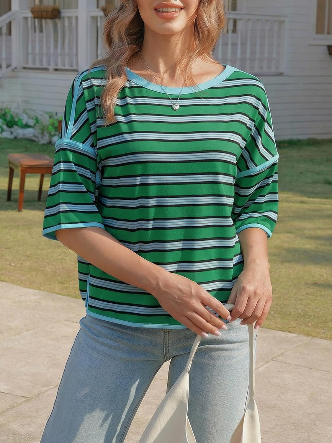 Womens Oversized Striped T-Shirts Color Block Short Sleeve Tops Drop Shoulder Tees