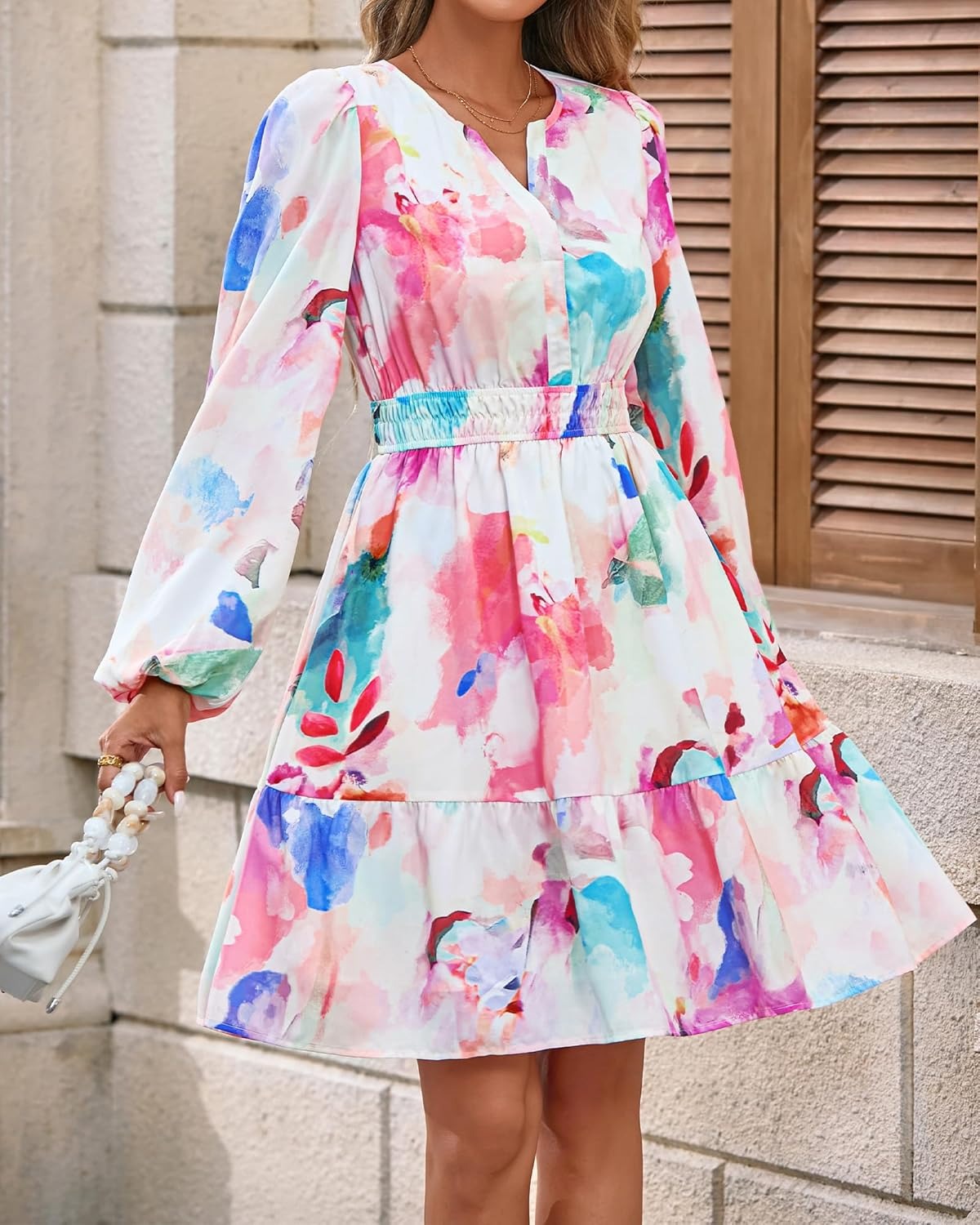 Women V Neck Long Sleeve Elastic Waist Boho Floral Mini Dress