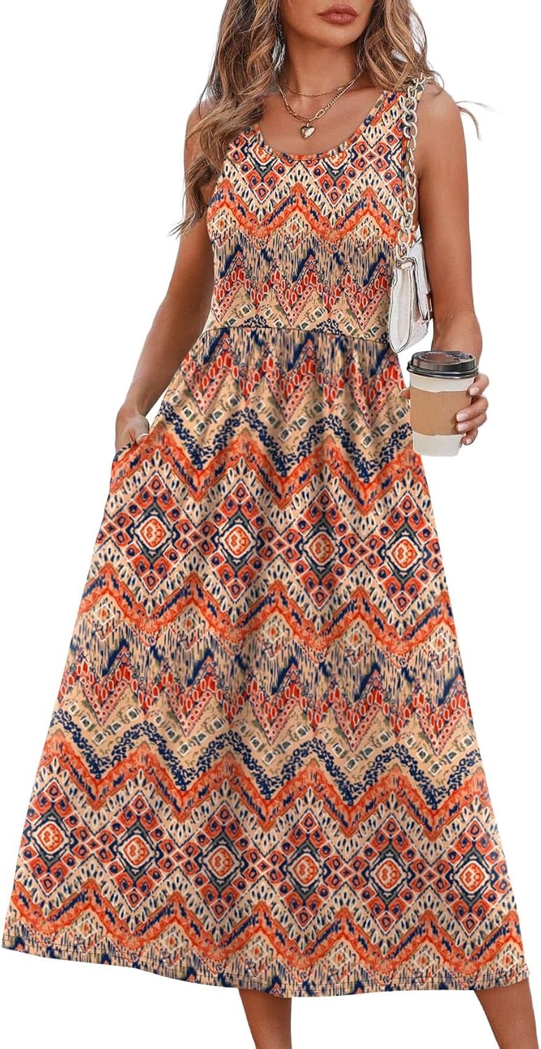 Women's Sleeveless Printed Flowy Dress With Pockets