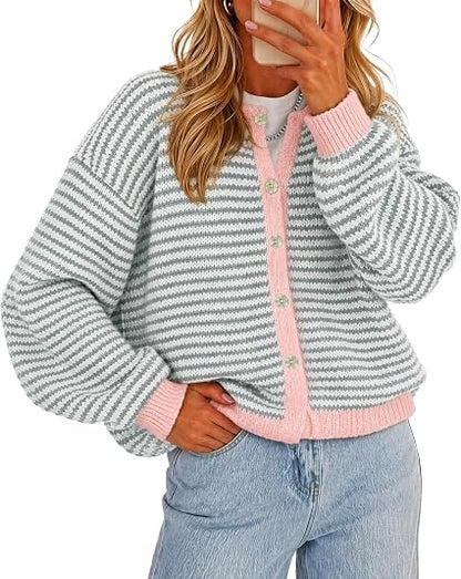 Women's Color-Block Striped Button-Front Knit Cardigan