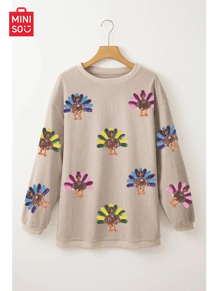 Women's Sequin Turkey Patch Thanksgiving Corduroy Sweatshirt (Buy 2 Free Shipping)