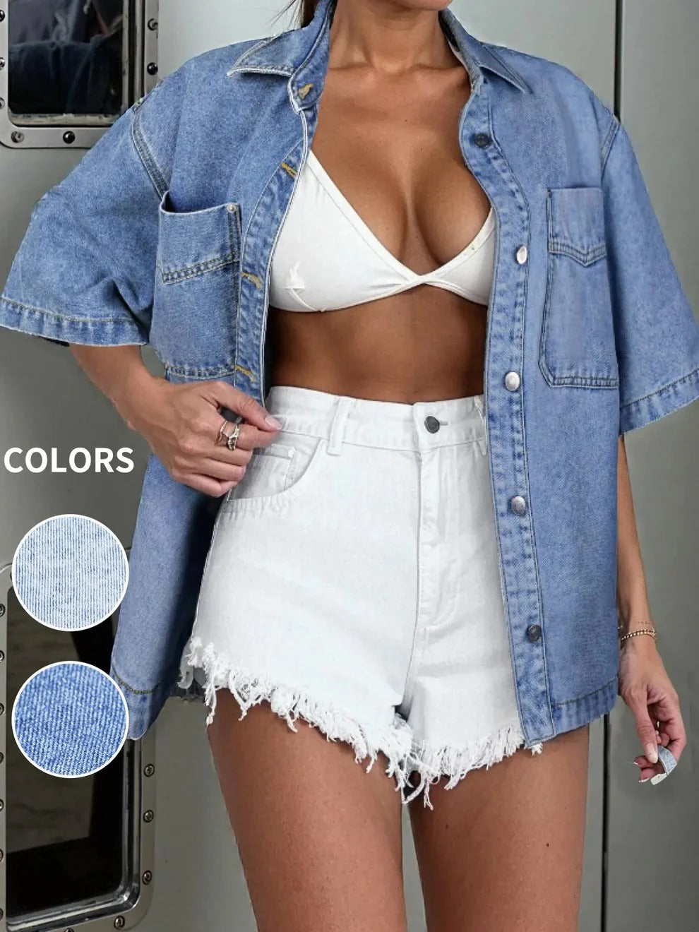 Women Vintage Oversized Button Down Denim Shirt Jacket