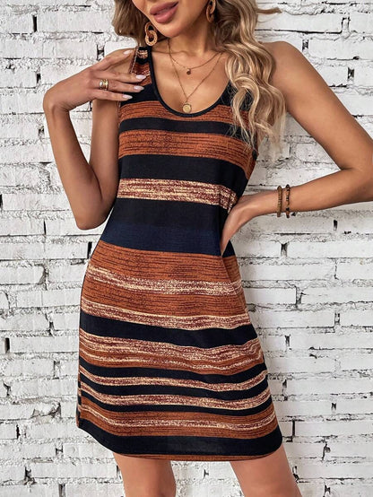 Women's Striped Scoop Neck Tank Dress Sleeveless Boho Mini Dresses