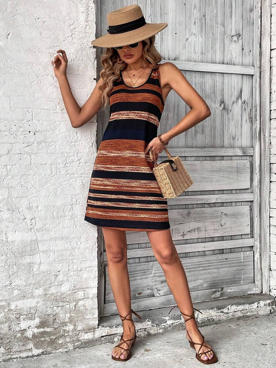 Women's Striped Scoop Neck Tank Dress Sleeveless Boho Mini Dresses