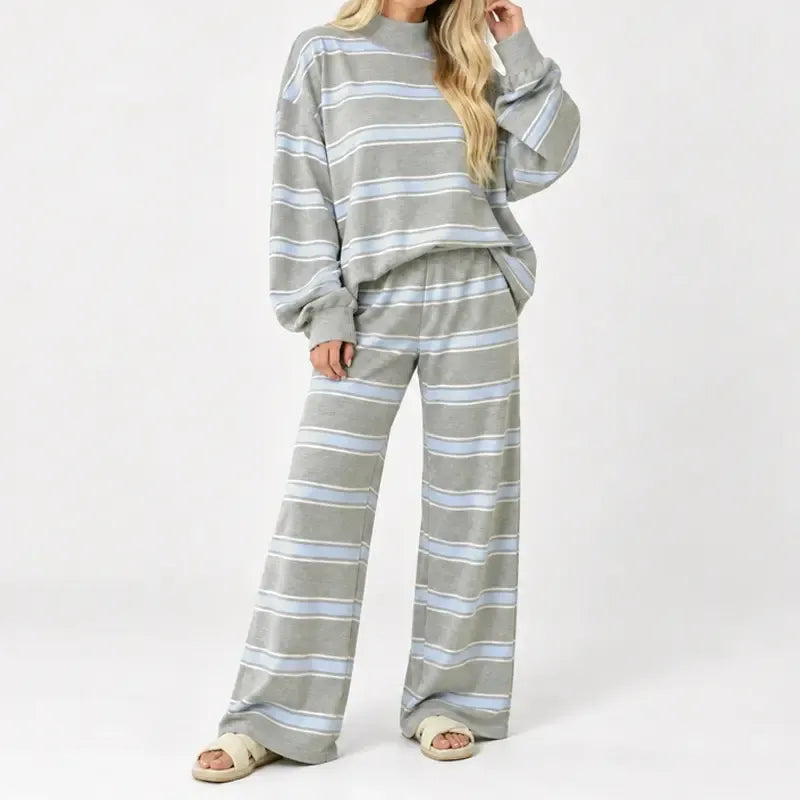 Women Striped Set Mock Neck Long Sleeve Top & Wide Leg Pants Casual 2 Piece Outfit