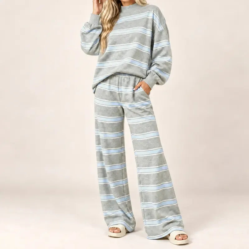 Women Striped Set Mock Neck Long Sleeve Top & Wide Leg Pants Casual 2 Piece Outfit