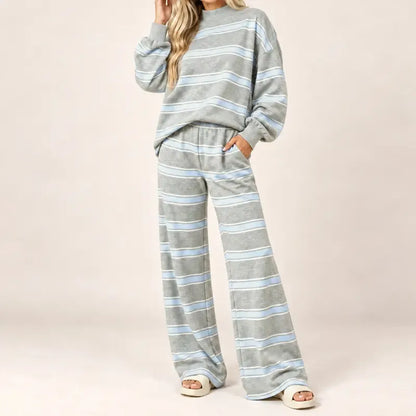 Women Striped Set Mock Neck Long Sleeve Top & Wide Leg Pants Casual 2 Piece Outfit