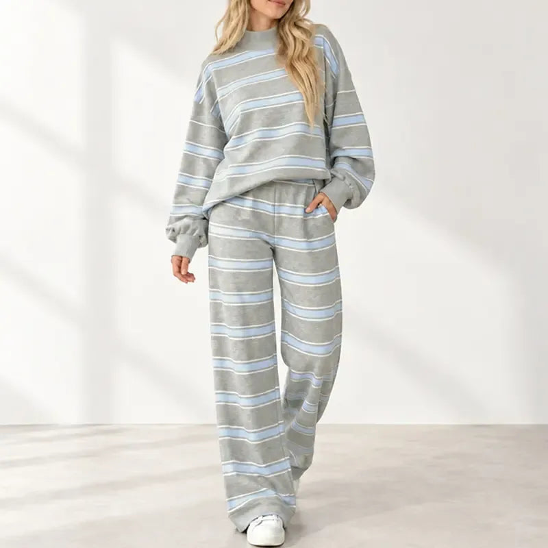 Women Striped Set Mock Neck Long Sleeve Top & Wide Leg Pants Casual 2 Piece Outfit