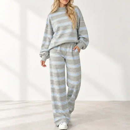 Women Striped Set Mock Neck Long Sleeve Top & Wide Leg Pants Casual 2 Piece Outfit