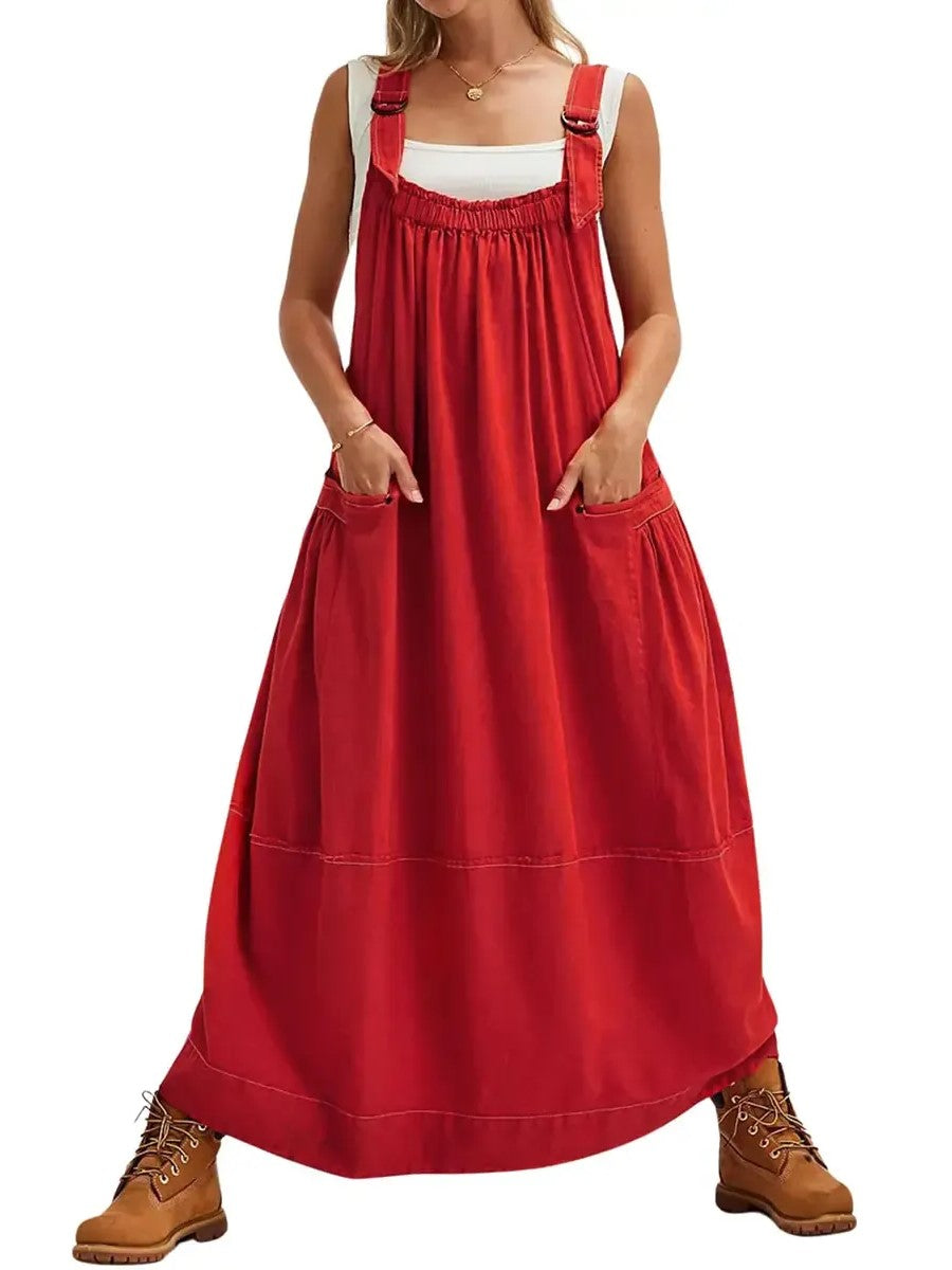 Women's Adjustable Shoulder Strap Loose Long Dress with Pockets