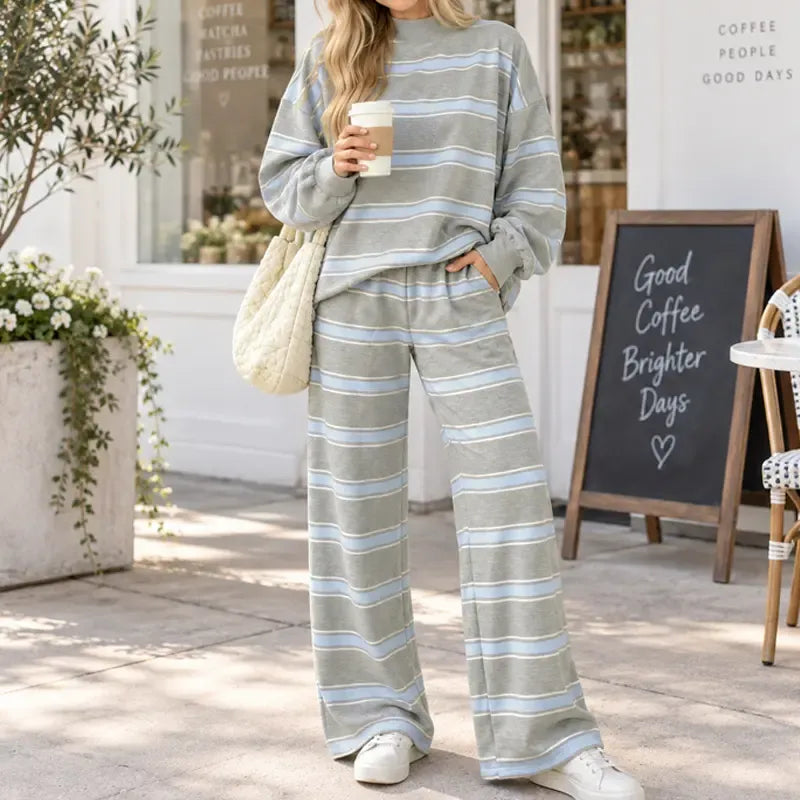 Women Striped Set Mock Neck Long Sleeve Top & Wide Leg Pants Casual 2 Piece Outfit