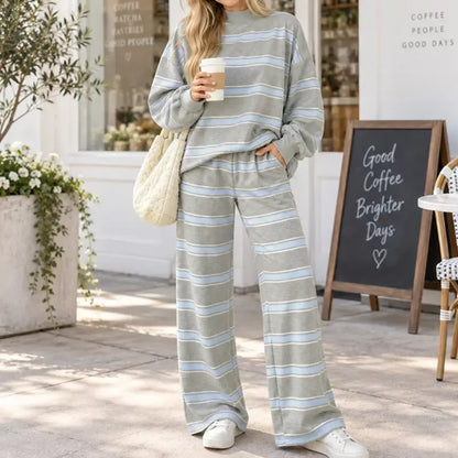 Women Striped Set Mock Neck Long Sleeve Top & Wide Leg Pants Casual 2 Piece Outfit