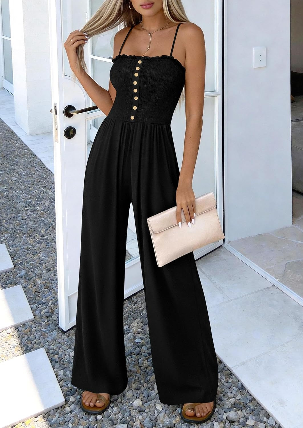 HOT SALE🔥Women's Smocked Spaghetti Strap Wide-Leg Jumpsuit with Pockets