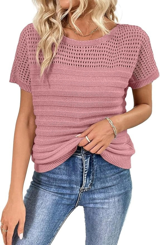 Womens Crew Neck Short Sleeve Shirts Knit Hollow Out Tops